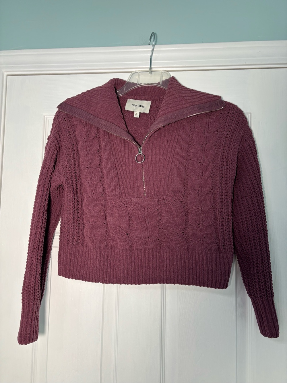 Pink Rose Cable Knit Half-Zip Turtleneck Sweater - Plum